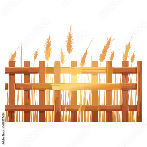 A serene landscape illustration featuring a classic wooden fence standing proudly in a field of golden wheat, bathed in warm and gentle sunlight