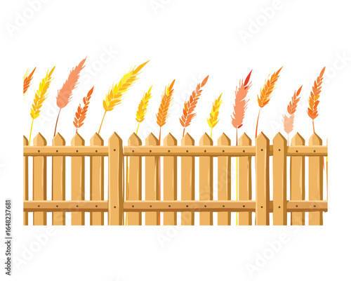 A charming horizontal banner with a simple wooden fence and a border of tall, colorful wheat plants, creating a peaceful countryside scene