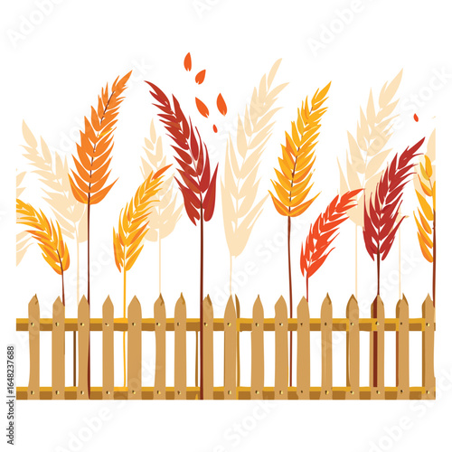 An atmospheric illustration of a brown wooden fence standing in a field of diverse and colorful wheat plants, creating a rich and vibrant landscape