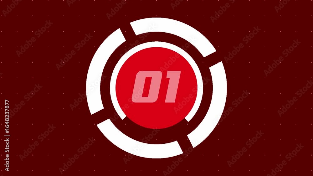 Bold and energetic countdown featuring the number inside a stylized target or technical emblem on a dark red background with a subtle dot pattern