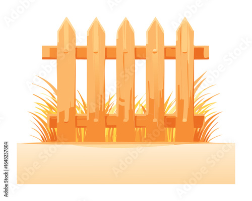 A lovely and detailed illustration of a wooden fence with a gate, standing amidst a field of tall, wild-looking wheat and grain plants