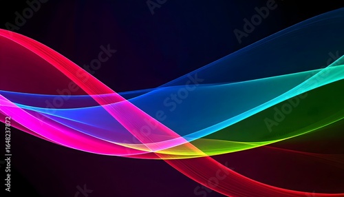 Vibrant flowing ribbons of colorful light creating a dynamic and abstract wave of digital energy on a dark background.