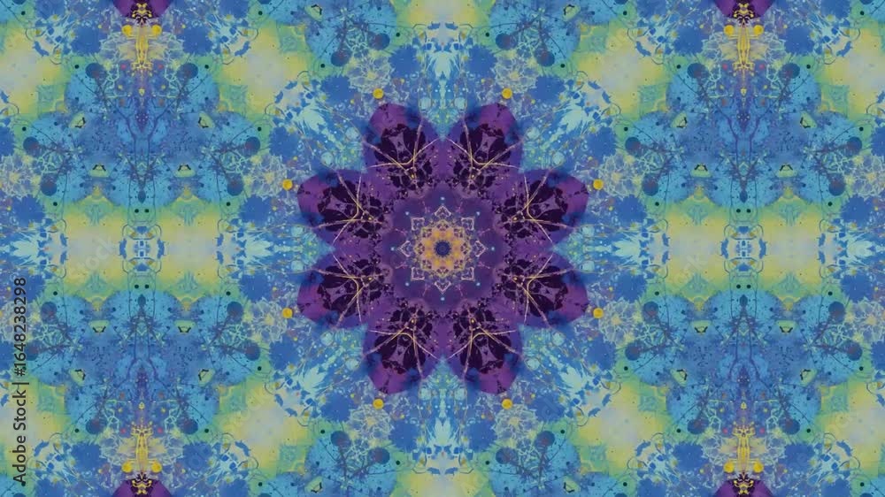 Mesmerizing kaleidoscopic abstract art with vibrant blues, purples, and gold accents in dynamic motion