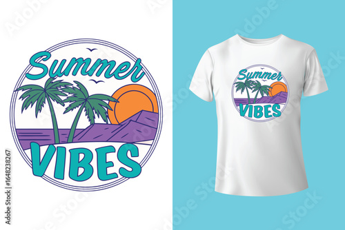 Colorful summer t-shirts on display at a vibrant store during sunny days.	