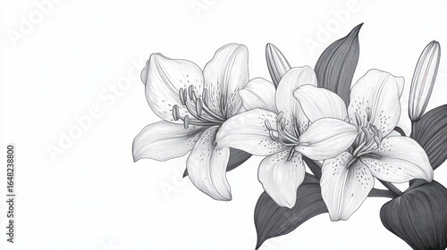 Detailed black and white pencil drawing of blooming lilies with leaves and closed buds showcasing delicate petals and fine texture