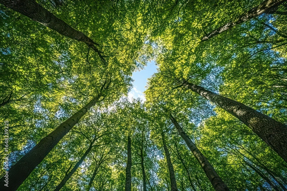 Fototapeta premium View looking up at tall green leafy trees with sunlight filtering through blue sky in a peaceful forest