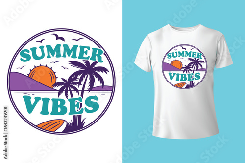 Colorful summer t-shirts on display at a vibrant store during sunny days.	