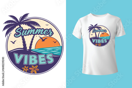 Colorful summer t-shirts on display at a vibrant store during sunny days.	