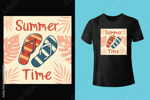 Colorful summer t-shirts on display at a vibrant store during sunny days.	