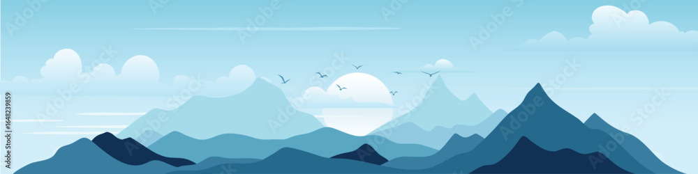 Minimalistic stylized landscape, mountain sunrise, vector illustration, panoramic view Minimalistic stylized landscape, mountain sunrise, vector illustration, panoramic view