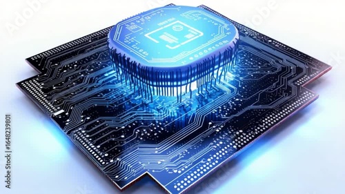 Technological Core: A high-angle close-up of a futuristic circuit board, bathed in an electric blue glow, showcasing the intricacies of modern technology, data, and computing.