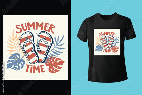 Colorful summer t-shirts on display at a vibrant store during sunny days.	