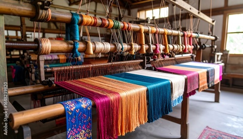 Antique loom with vibrant textiles