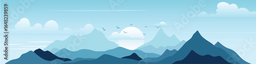 Minimalistic stylized landscape, mountain sunrise, vector illustration, panoramic view