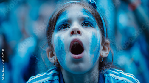 Youthful Sports Fan Cheering Stadium Match Enthusiasm Joyful Expression Colorful Facepaint Passionate Team Spirit Excitement Unity Crowd Celebration Dedication Vibrant Anticipation Hope Soccer Pride