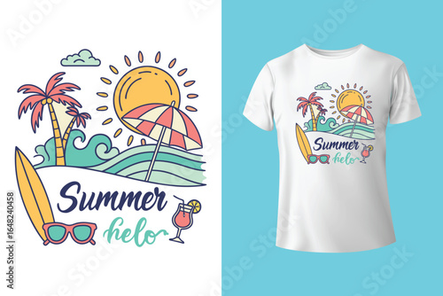 Colorful summer t-shirts on display at a vibrant store during sunny days.	