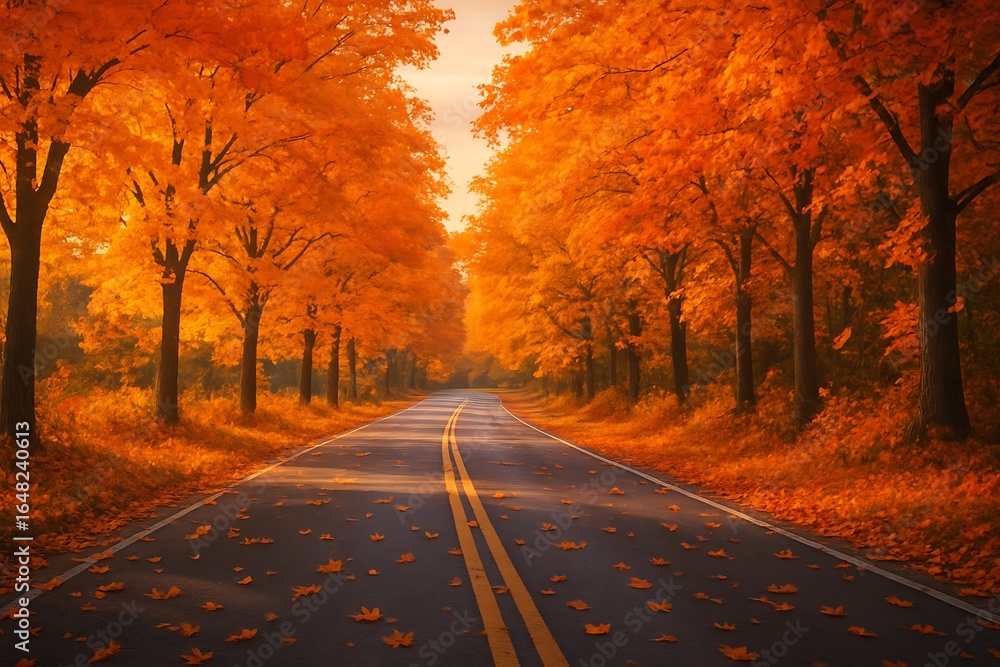 Obraz premium Autumn road lined with vibrant orange trees and fallen leaves. Perfect for fall, nature, travel, and seasonal themes