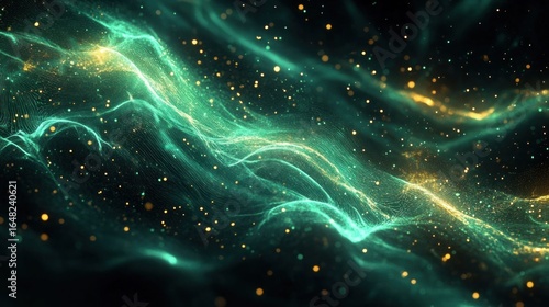 Fototapeta Naklejka Na Ścianę i Meble -  Abstract glowing waves of teal and gold particles flowing in a dark space creating a sense of depth and cosmic energy