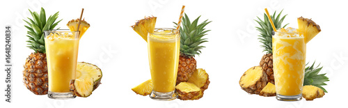 Cuadro en lienzo Three glasses of pineapple juice with straws and pineapple slices on a white bac