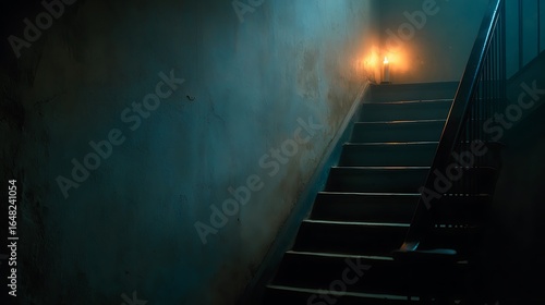 Dimly lit staircase with a light at the top of the stairs in a dark and eerie environment