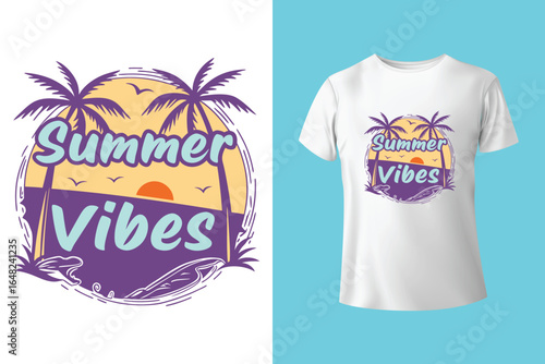 Colorful summer t-shirts on display at a vibrant store during sunny days.