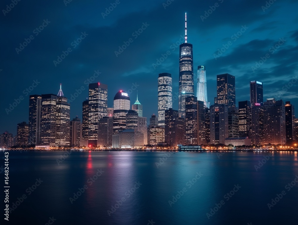 Obraz premium A city skyline glowing under the night sky, with dazzling lights reflecting off the water. The architecture blends modern sophistication with classic grandeur