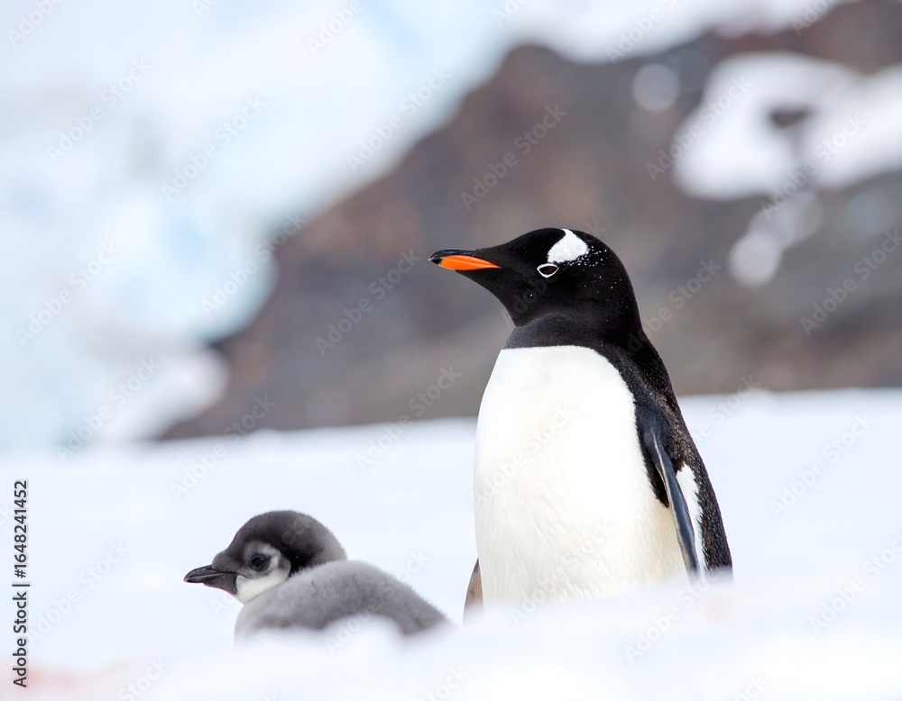 Fototapeta premium Gentoo penguin parent watching over its fluffy chick in the snowy Antarctic wilderness.
