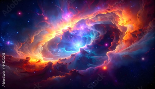 Luminous cosmic nebula with vibrant colors and glowing stars, an abstract celestial background of the vast and mysterious universe.