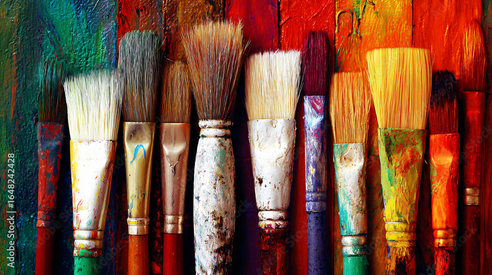 Fototapeta premium Artistic Expression Scene Brushes Artistic Tools Vibrant Colors Professional Paintbrushes Variety Multi-colored Palette Oil Acrylic Painting Surface Handmade Design Workshop Craft-tools Visual-art