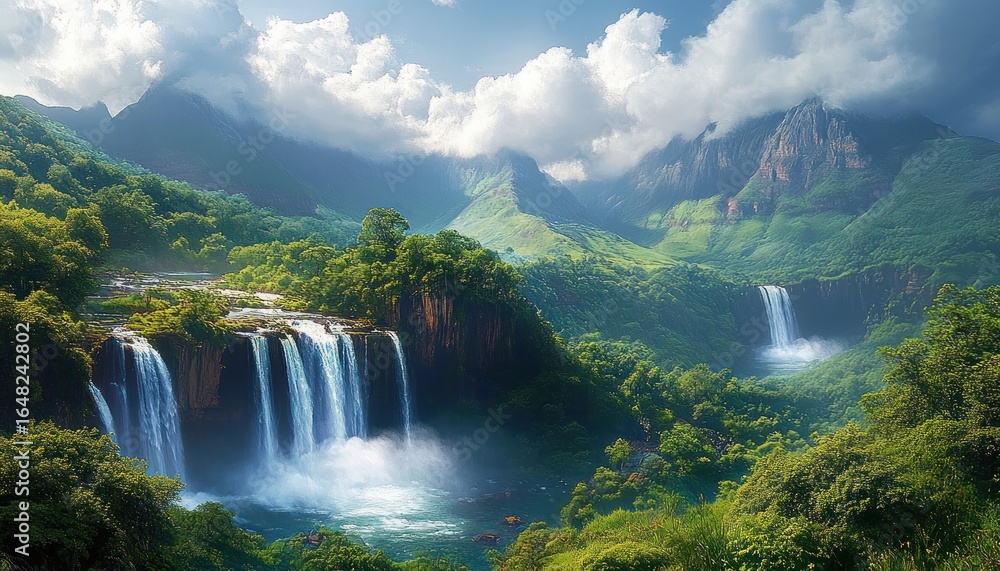 Fototapeta premium Majestic lush green mountains surrounded by misty clouds with multiple cascading waterfalls flowing into a clear blue river below under a bright sky