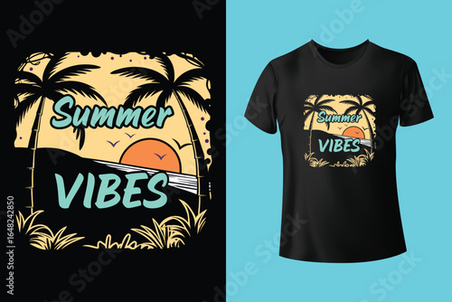 Colorful summer t-shirts on display at a vibrant store during sunny days.
