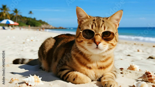 cat on the beach with sunglasses 