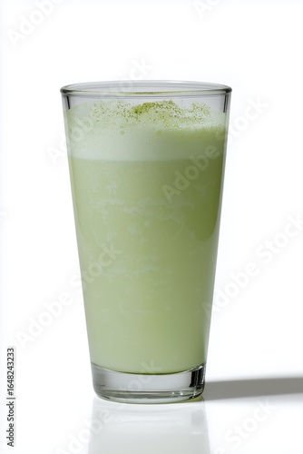 High-resolution photo of a glass of matcha latte with frothy milk, isolated on a clean background, showcasing vibrant green color and creamy texture