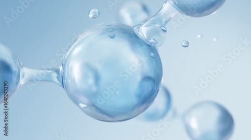 AI-generated 3D render of transparent blue water molecules connected in a chain, symbolizing science, hydration, and purity, with a clean light blue background