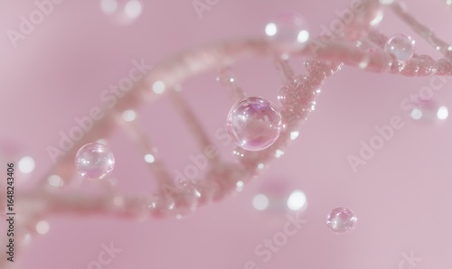 AI-generated 3D render of a transparent DNA double helix with water droplets, set against a soft pastel pink background, representing science, beauty, and biotechnology concepts.