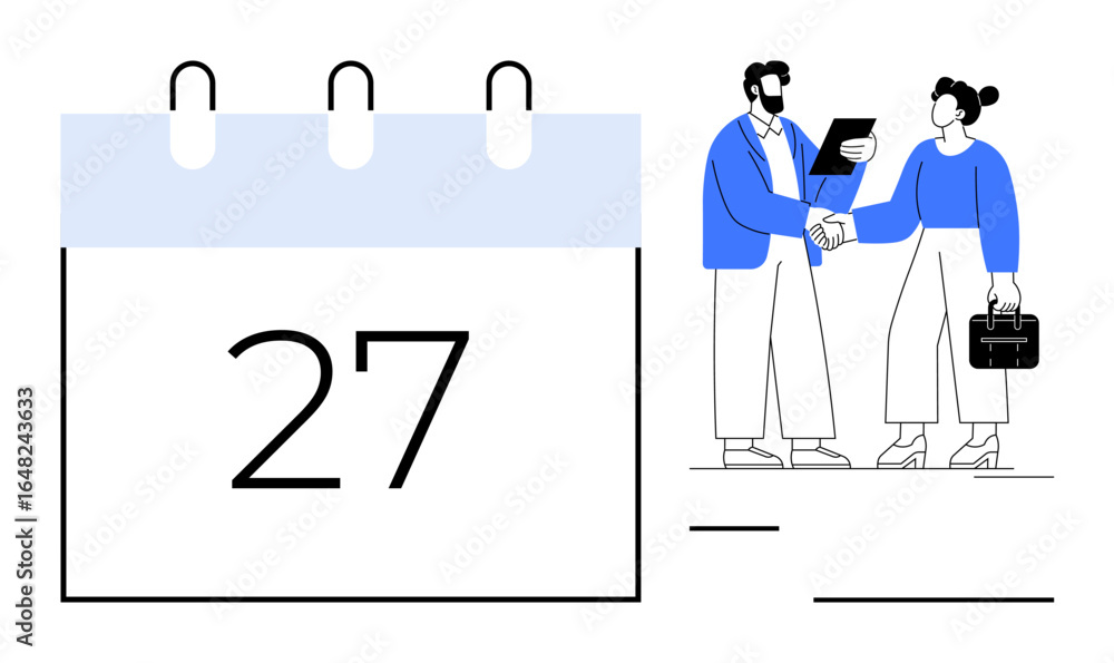 Fototapeta premium Calendar marked with 27, two professionals shaking hands, sharing documents and tools. Ideal for scheduling, appointment, business meeting, collaboration, agreement, networking corporate