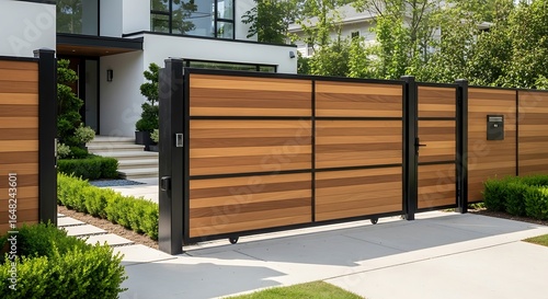 Sophisticated cedar wood and black metal gate design showcasing modern home security and aesthetics