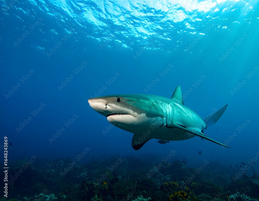 Fototapeta premium Exploring the untamed ocean wilderness shows a powerful shark swimming freely in its natural sunlit aquatic habitat.