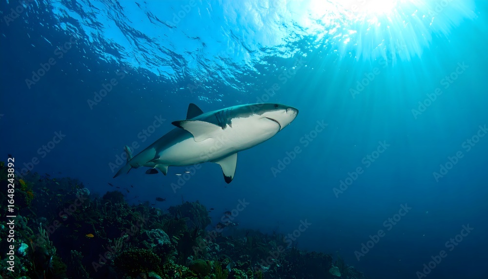 Fototapeta premium Majestic Great White Shark gliding through the deep blue ocean with brilliant sun rays shining from the surface
