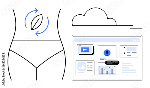 Body wellness focus with stomach icon, arrows, cloud design, and analytic dashboard. Ideal for health, wellness, fitness, medical data tracking technology and lifestyle trends. Simple flat
