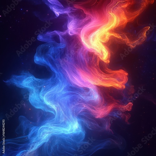 Abstract vibrant swirling colorful light waves blending blue, purple, pink, red, and yellow hues on dark background creating dynamic flowing energy effect