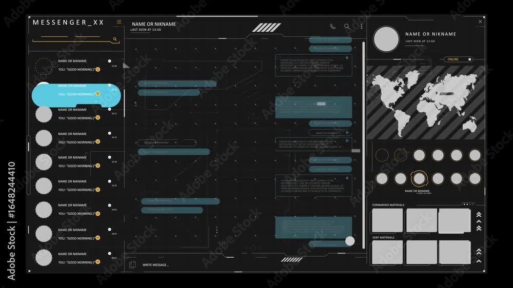 A black and white futuristic user interface design with a grid of circles and text. The interface features a minimalist design, with a clear emphasis on usability