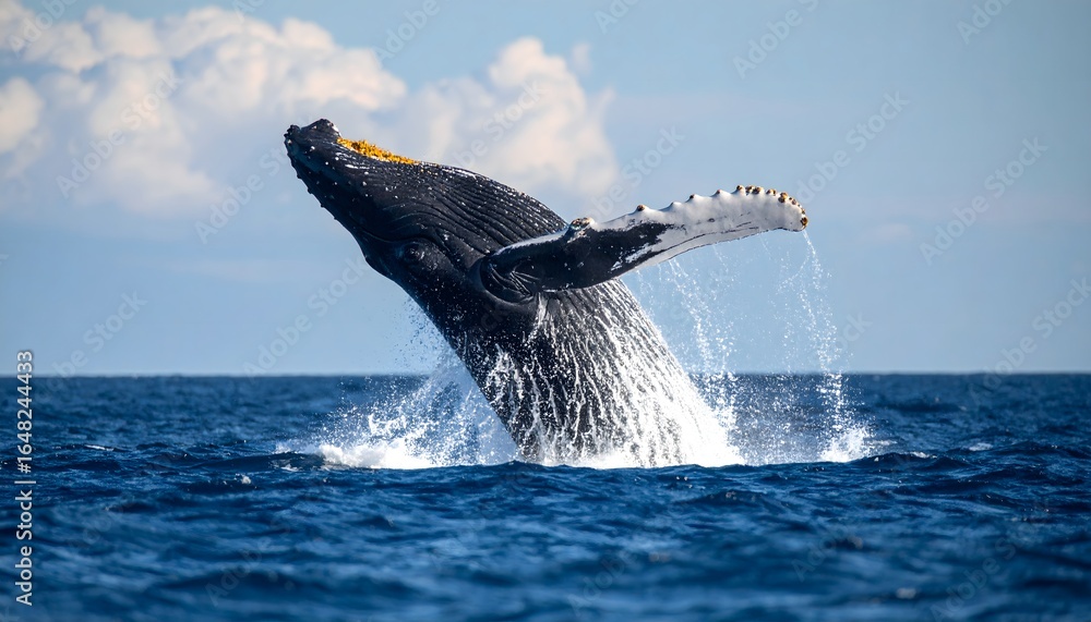 Naklejka premium Majestic humpback whale breaching high out of the deep blue ocean with a powerful splash against a clear sky.