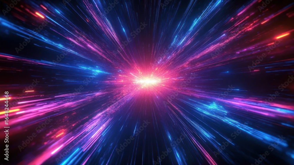 Naklejka premium Bright multicolored light rays radiating outward from a central glowing point creating a dynamic, energetic and futuristic visual effect