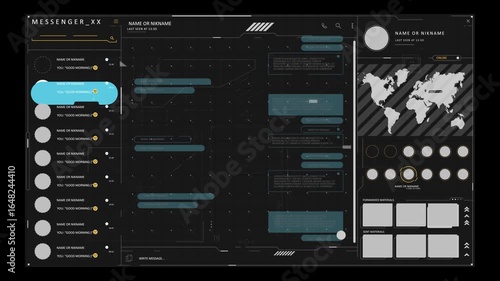 A black and white futuristic user interface design with a grid of circles and text. The interface features a minimalist design, with a clear emphasis on usability