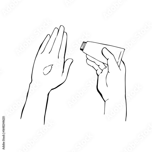 手にクリームを塗るシンプルな線画イラスト＿モノクロ