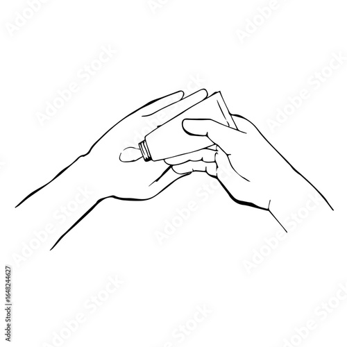 手にクリームを塗るシンプルな線画イラスト_手の甲にクリーム＿モノクロ