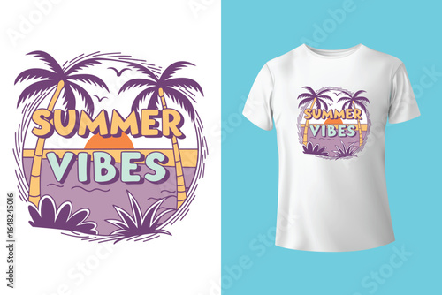 Colorful summer t-shirts on display at a vibrant store during sunny days.