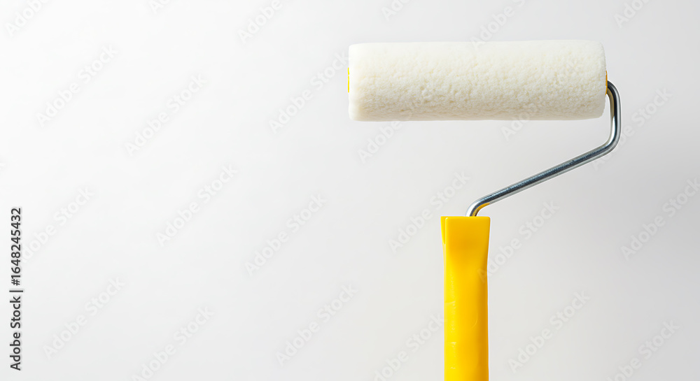 Obraz premium Fresh White Paint Roller with Yellow Handle for Home Improvement and Renovation