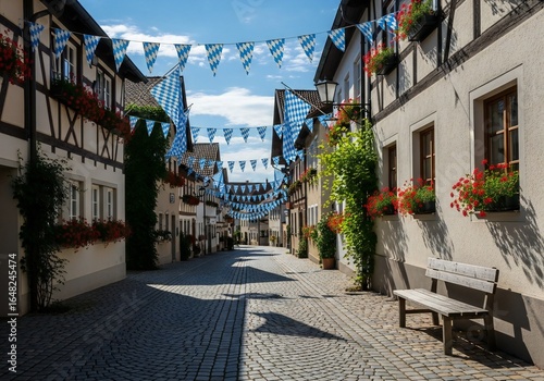 Oktoberfest Picturesque cobblestone street lined with timber framed houses and Bavarian flags